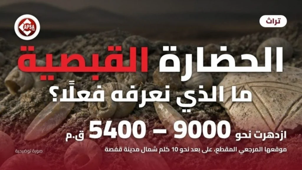 تلال من الرماد تتناثر فيها قواقع الحلزون البري وشفرات من الصوان وقطعة من قشر بيض النعام المنقوش، مع عنوان «الحضارة القبصية… ما الذي نعرفه فعلًا؟» وشعار راديو كابصا اف ام (صورة توضيحية)