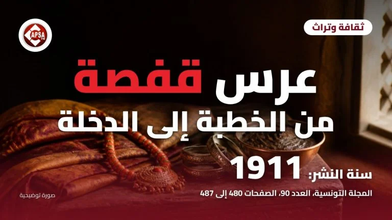 عرس قفصة من الخطبة إلى الدخلة: حناء وأساور فضية وقلادة مرجان على صندوق خشبي، مع عنوان المقال وسنة النشر 1911 وشعار راديو كابصا اف ام (صورة توضيحية)