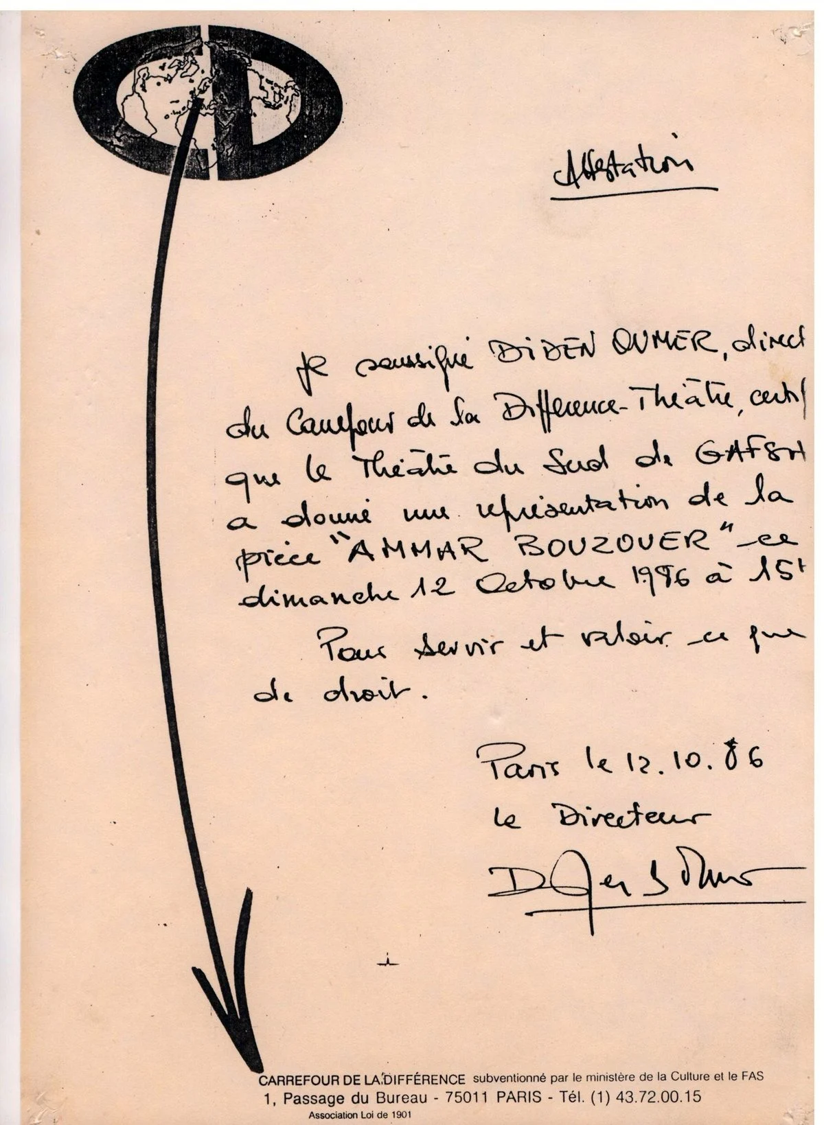 Attestation manuscrite du directeur d'un théâtre parisien confirmant la représentation d'Ammar Bouzouer le 12 octobre 1986
