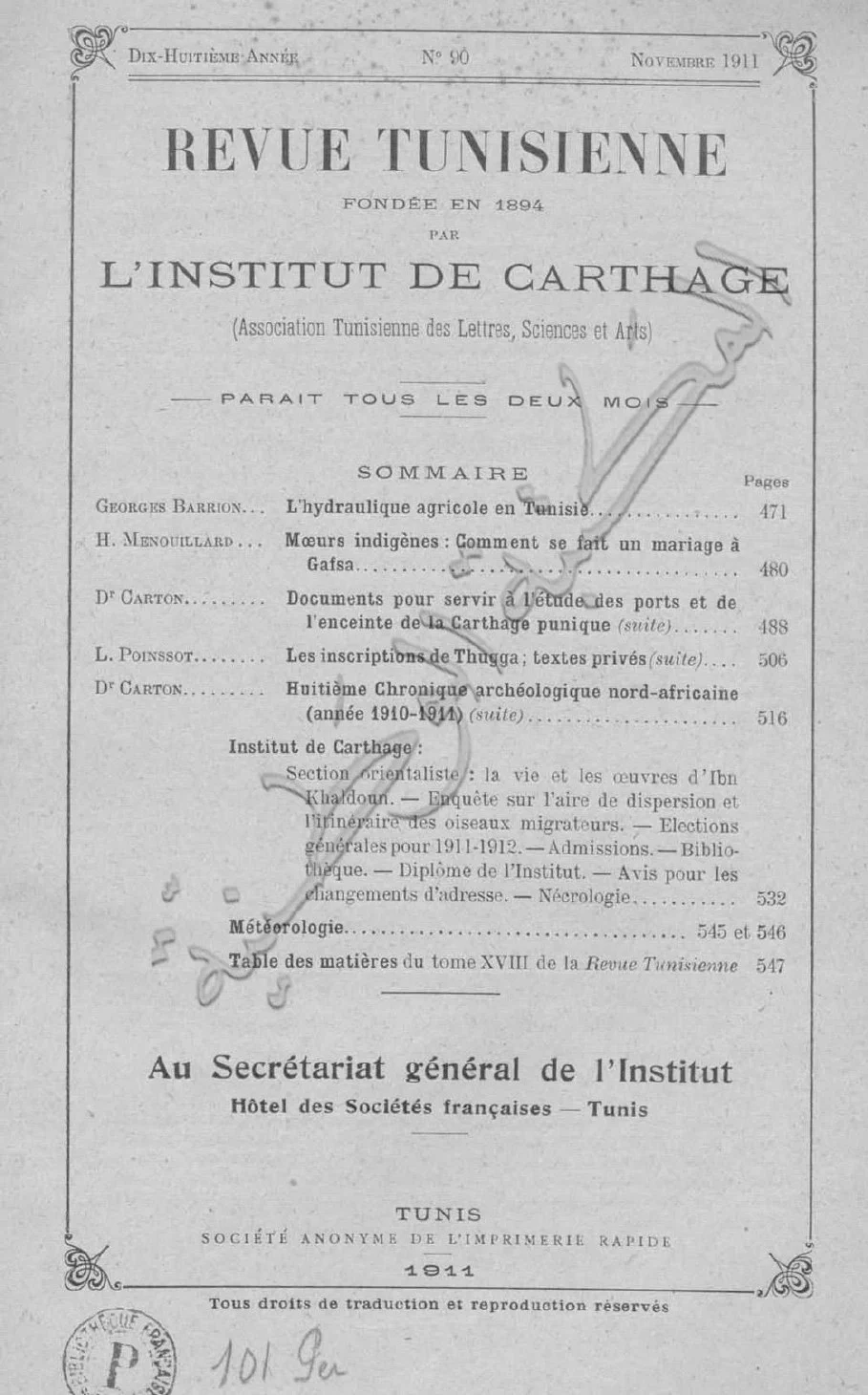 غلاف العدد 90 من المجلة التونسية الصادر في نوفمبر 1911 وتظهر فيه صفحة المحتويات ومنها عنوان دراسة الزواج في قفصة