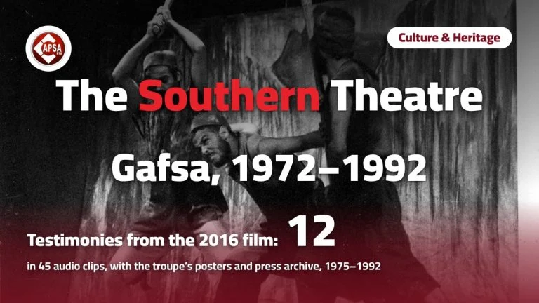 Archive stage photo of the Southern Theatre troupe of Gafsa, with the title “The Southern Theatre, Gafsa, 1972–1992” and the Radio Capsa FM logo