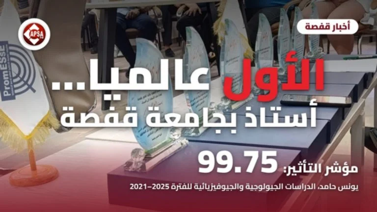 مجسمات شهادات تقدير زجاجية مصفوفة على علب زرقاء فوق طاولة، مع عنوان «الأول عالميا… أستاذ بجامعة قفصة» ومؤشر التأثير 99.75 وشعار راديو كابصا اف ام